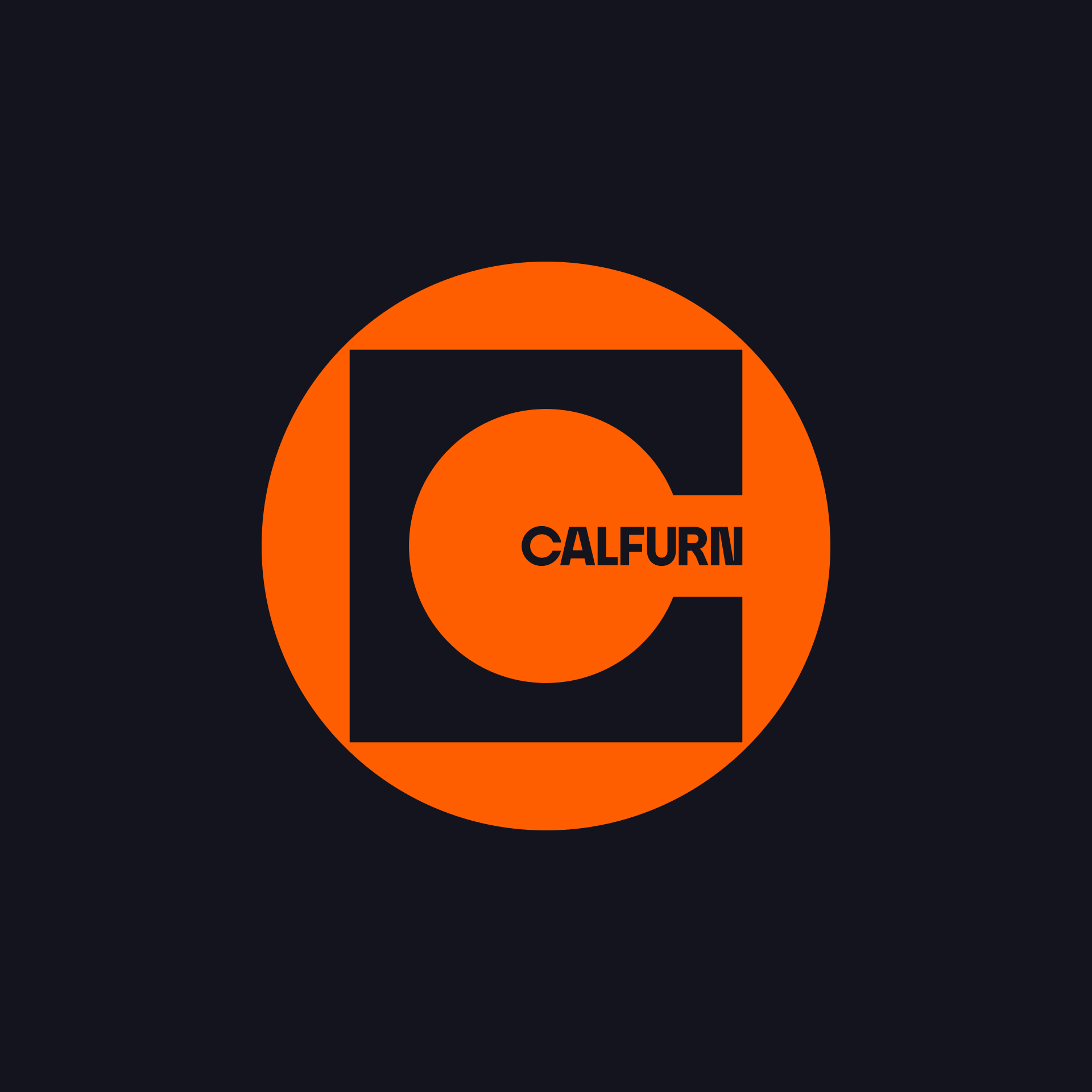 Calfurn brand icon featuring a bold black letter C within an orange circle, with the Calfurn wordmark centred inside.