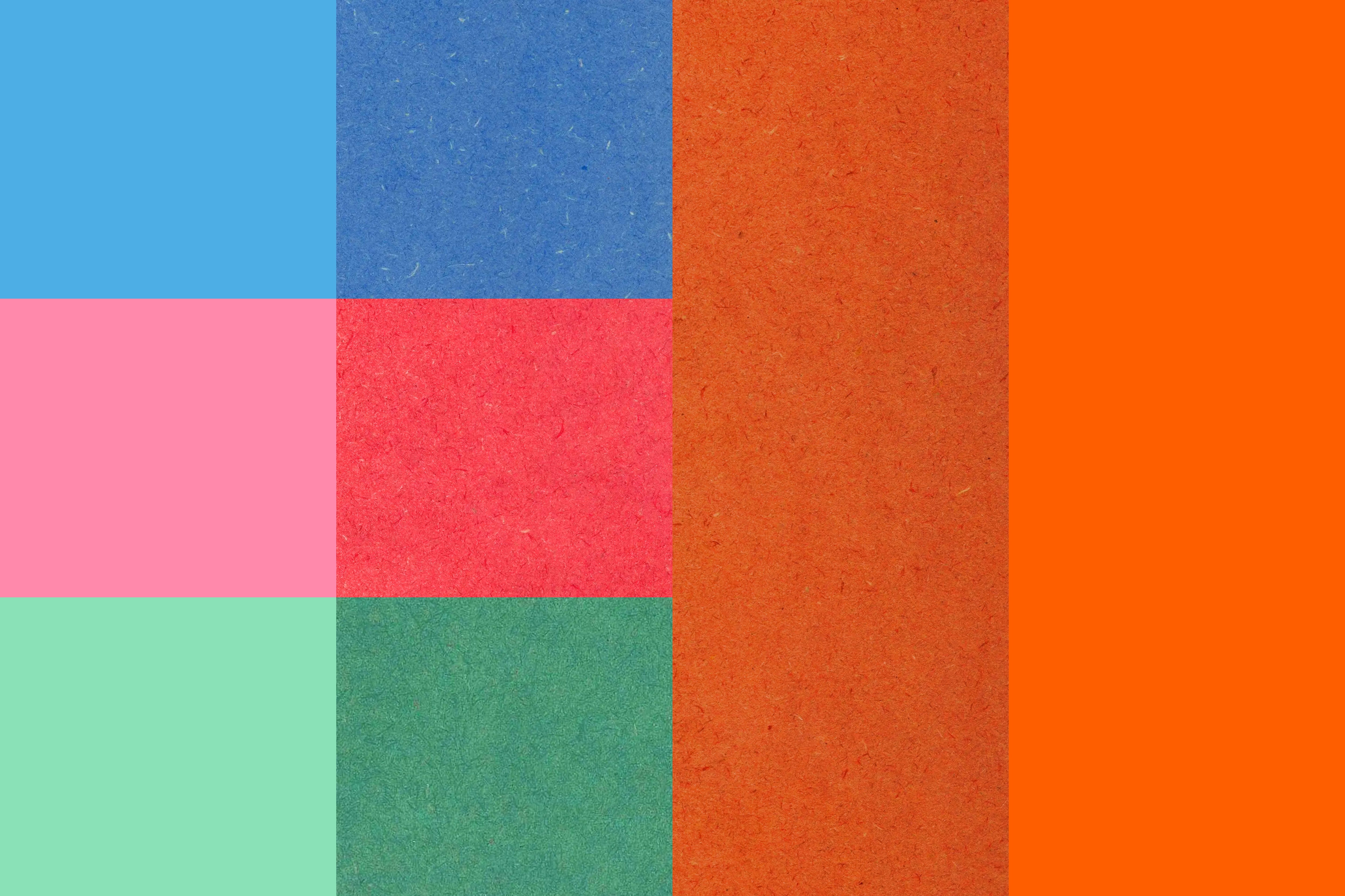 A grid of the Calfurn brand colours including orange, blue, pink and green and their accompanying textures