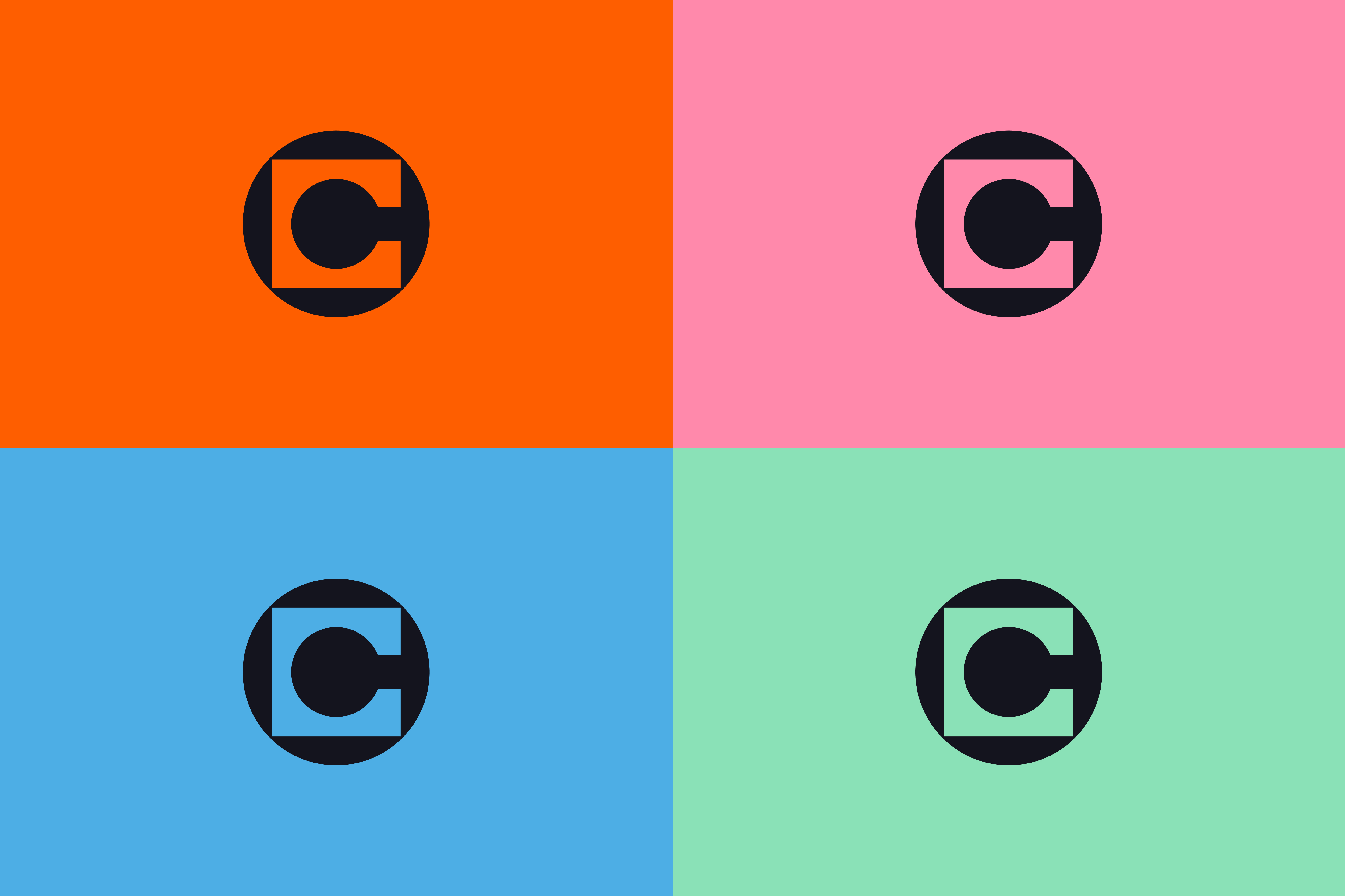 Calfurn brand icon shown in four colour variations on orange, pink, blue and green backgrounds.