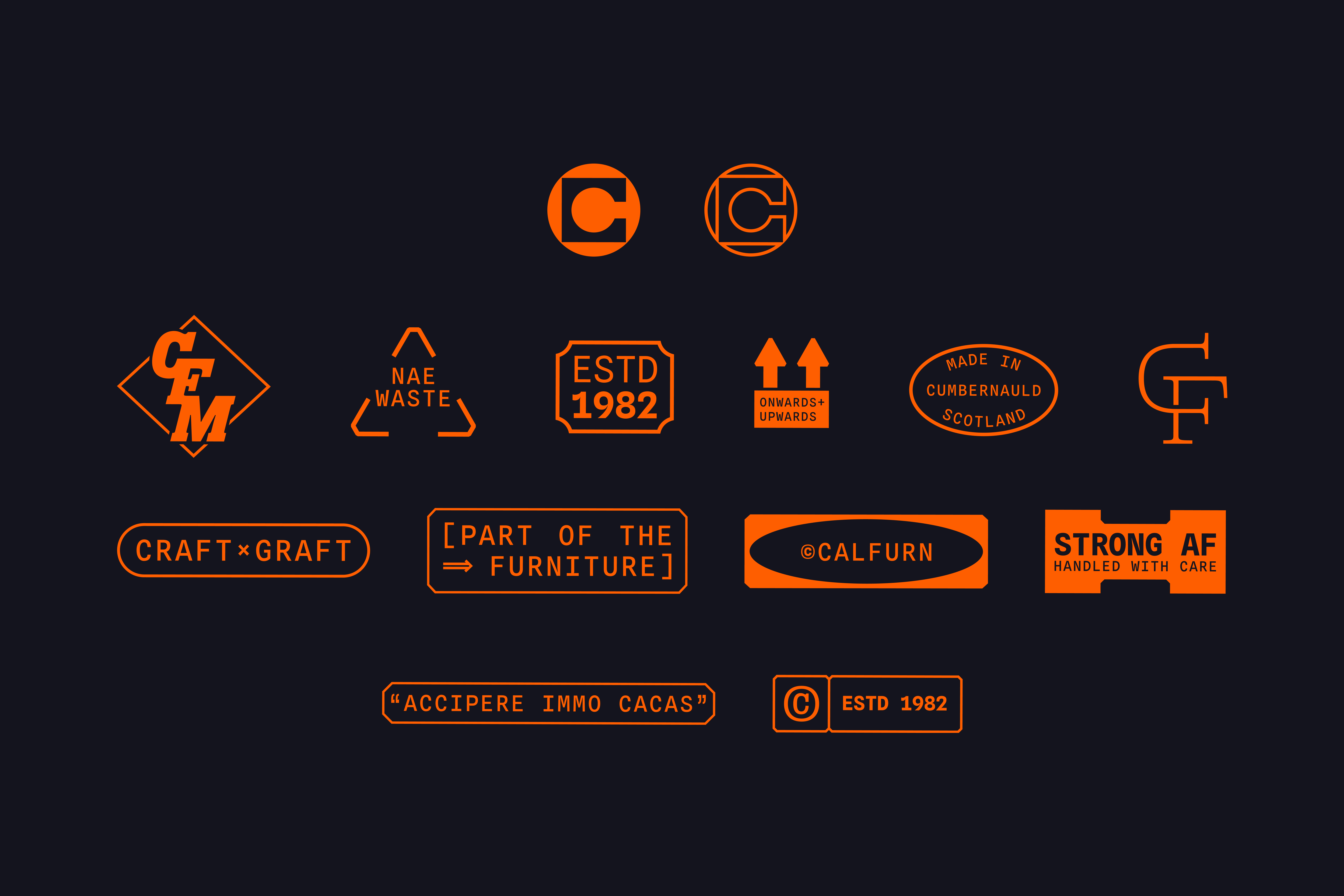 A collection of orange Calfurn brand icons or 'micrographics' on a dark background