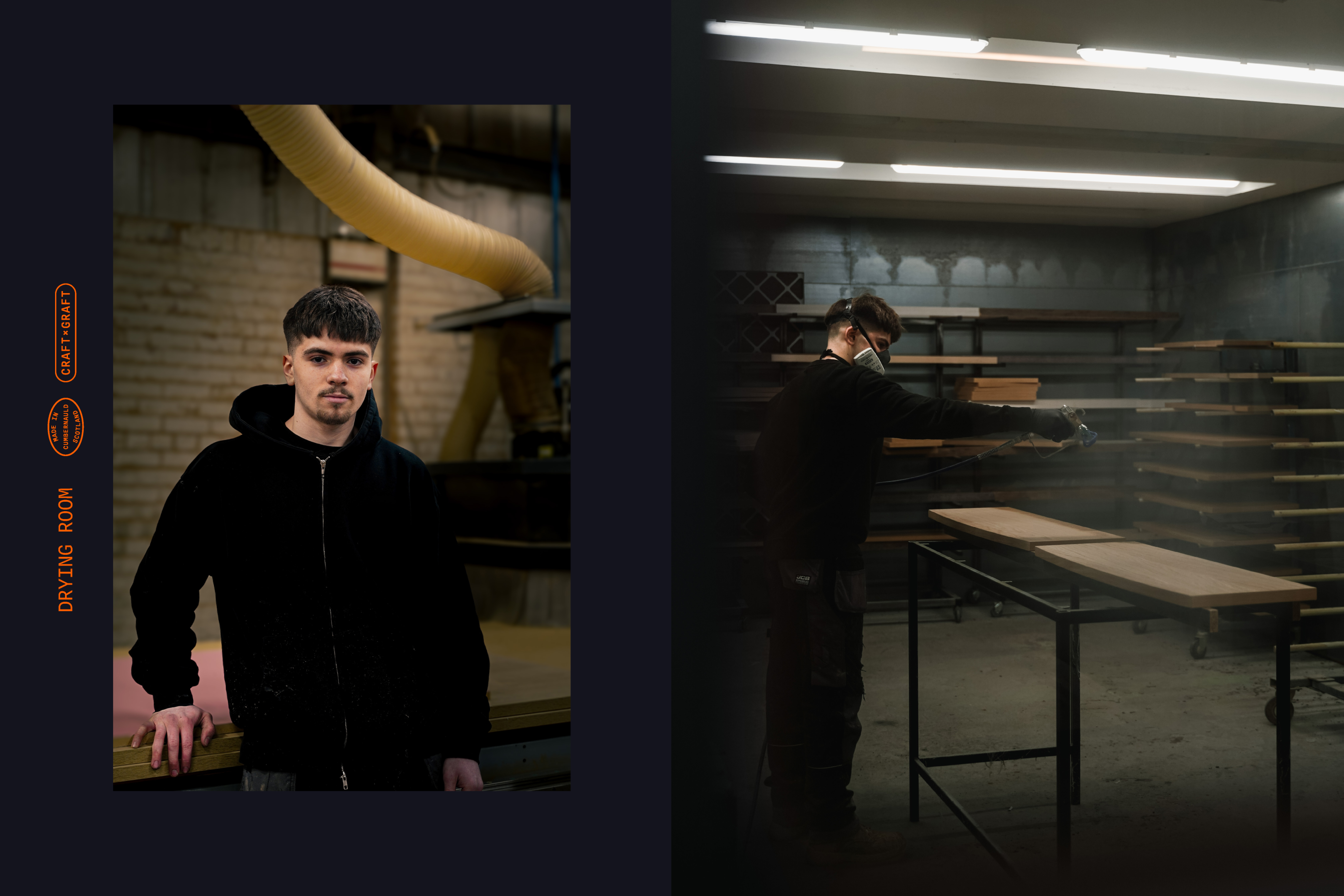 A 2 column image, with the left hand side showing a team member portrait and the right side showing the same person working in the drying room.
