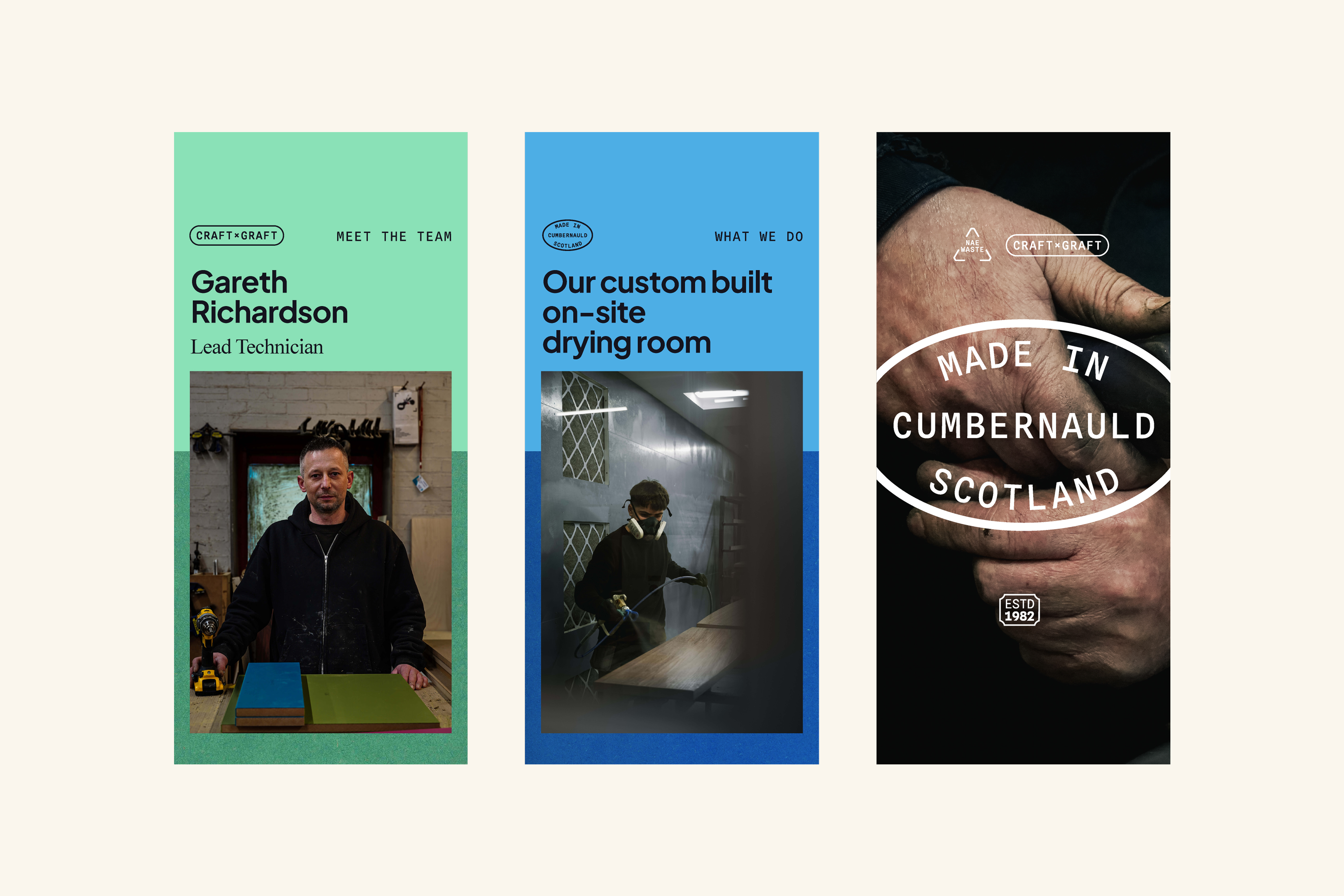 3 examples of portrait social media posts designed for Calfurn