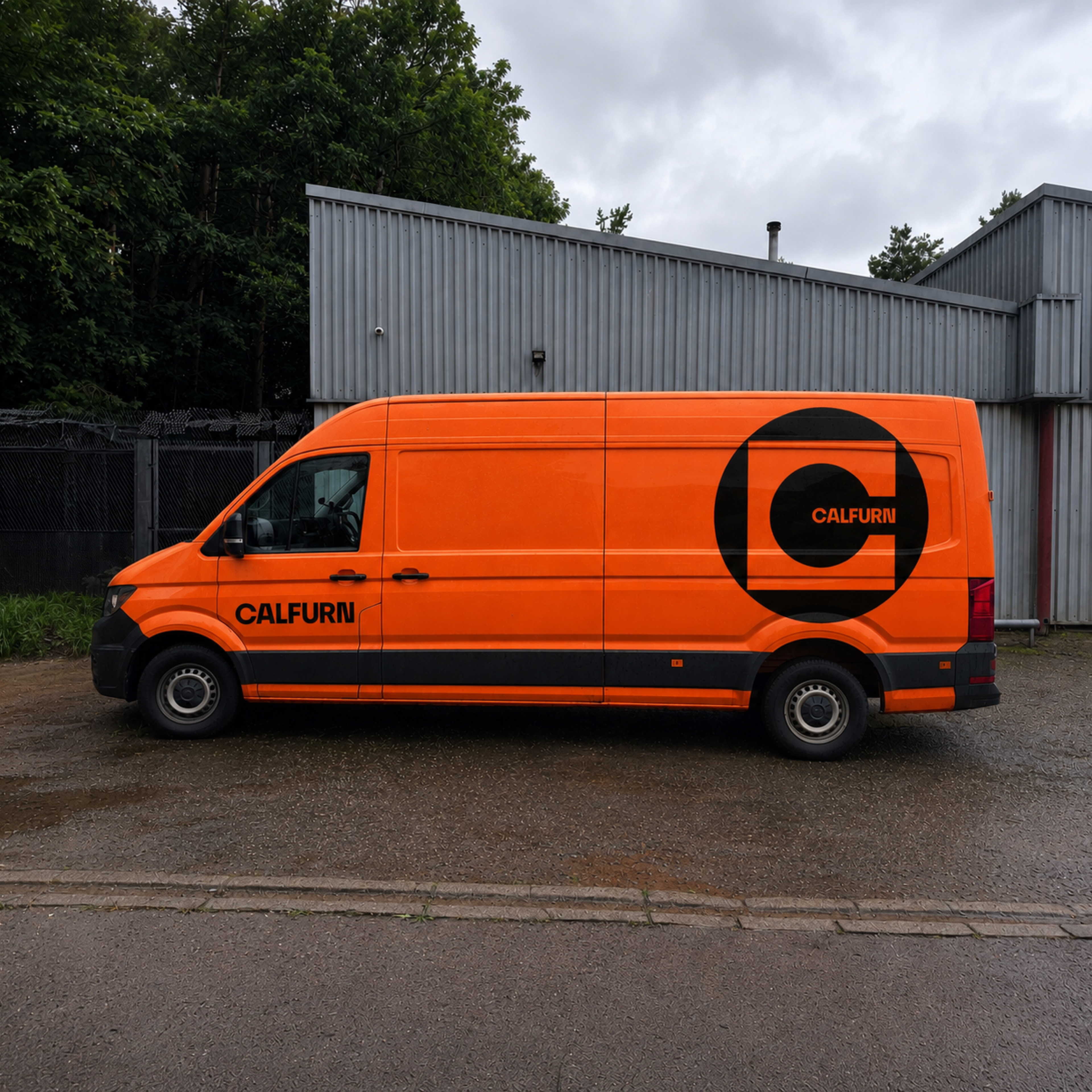 An orange Calfurn branded Mercedes Sprinter van