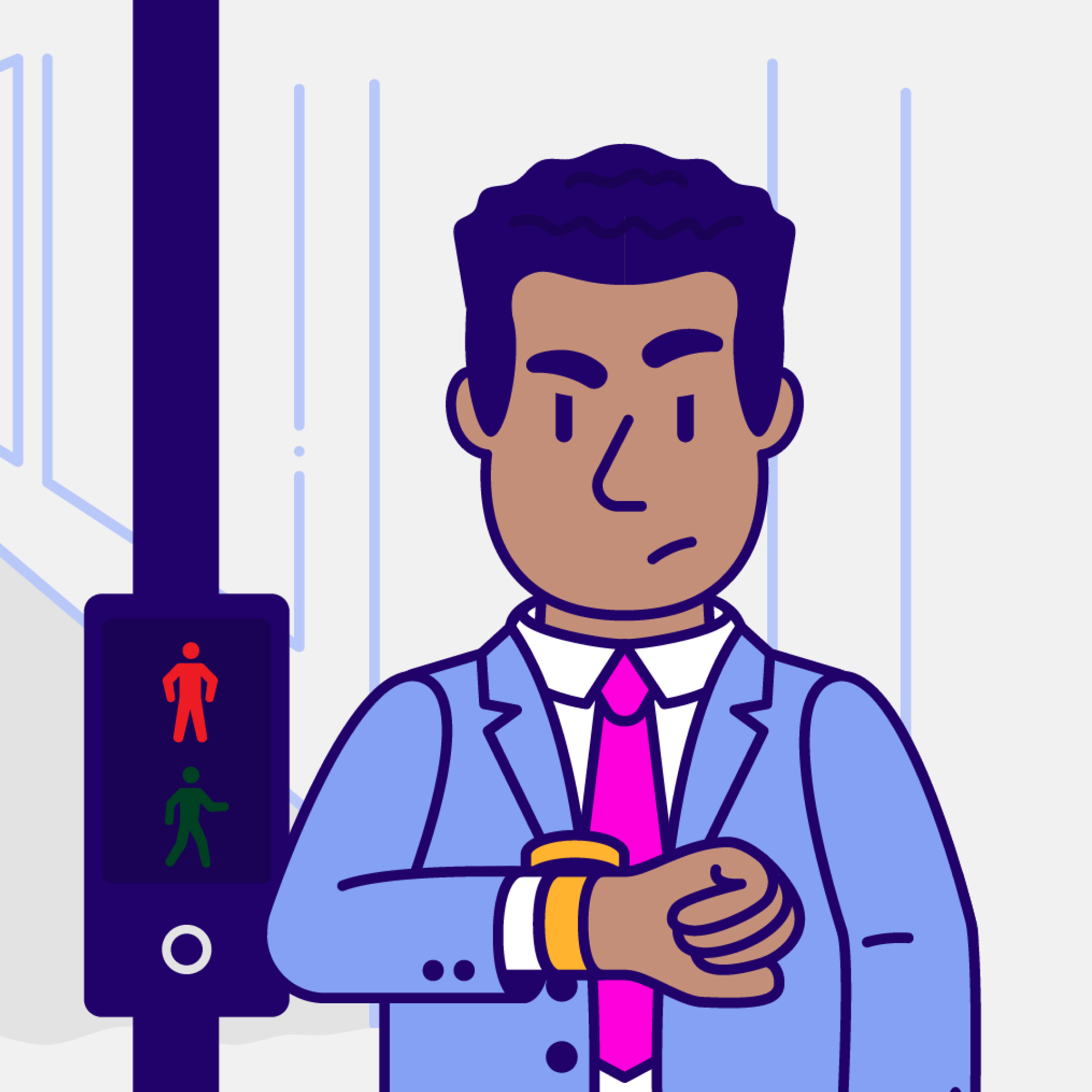 An illustration of a businessman looking at his watch while waiting at a pedestrian crossing