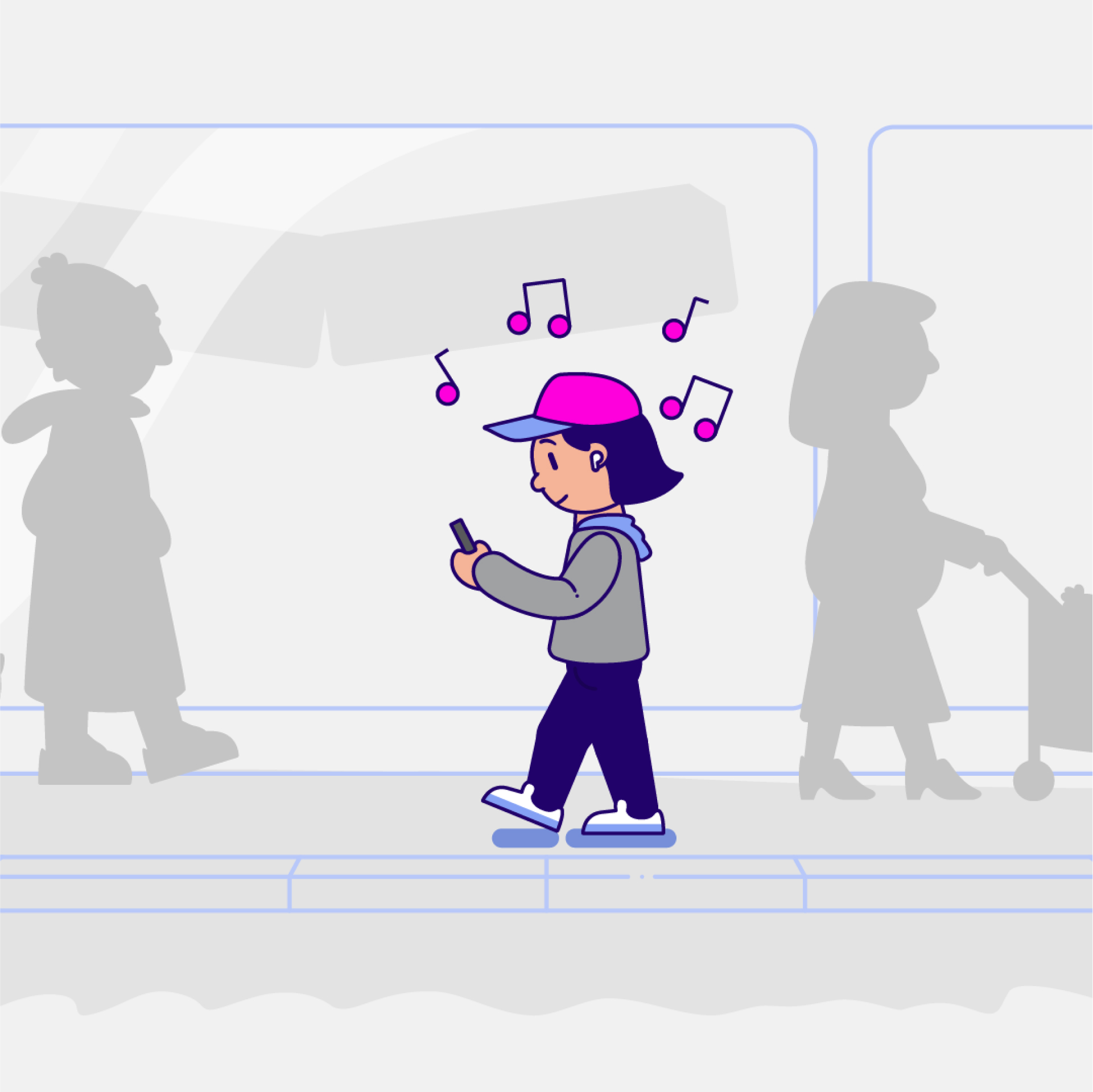 An illustration of a girl walking along the street while listening to music