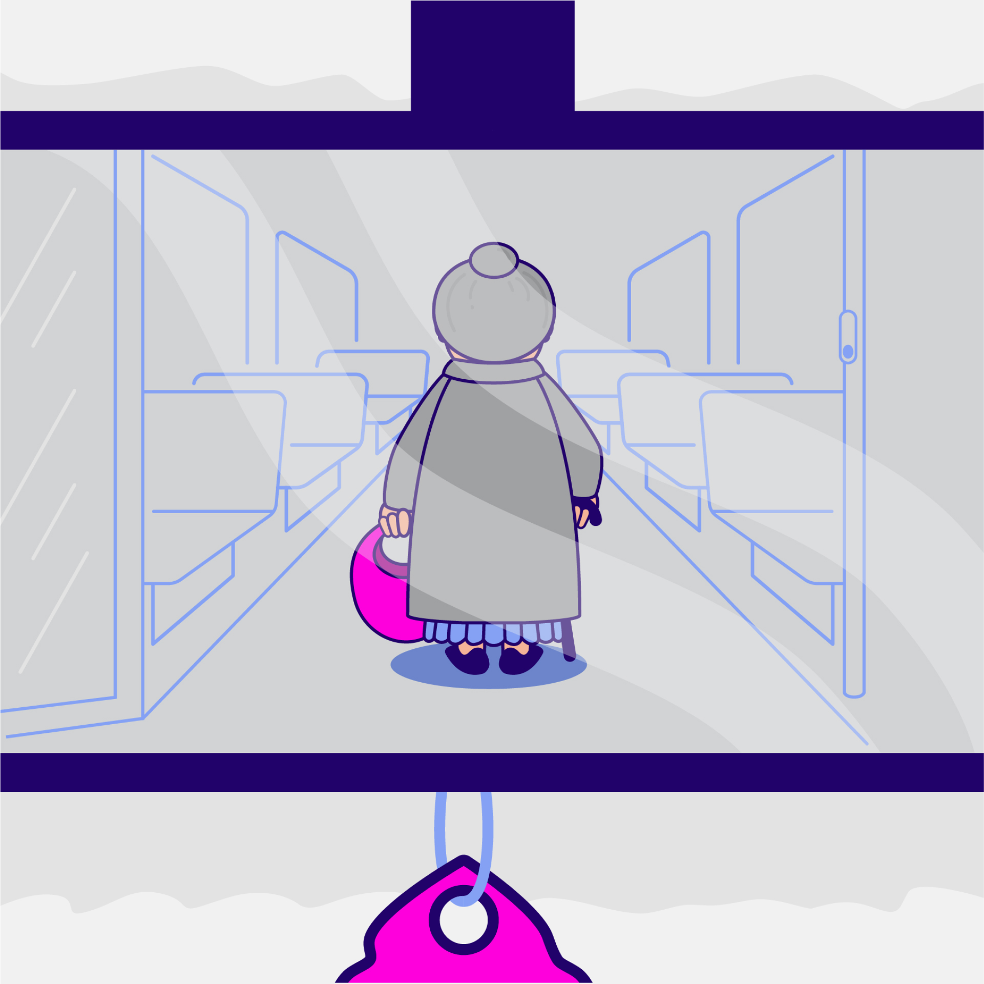 An illustration of an old lady walking to a seat on the bus