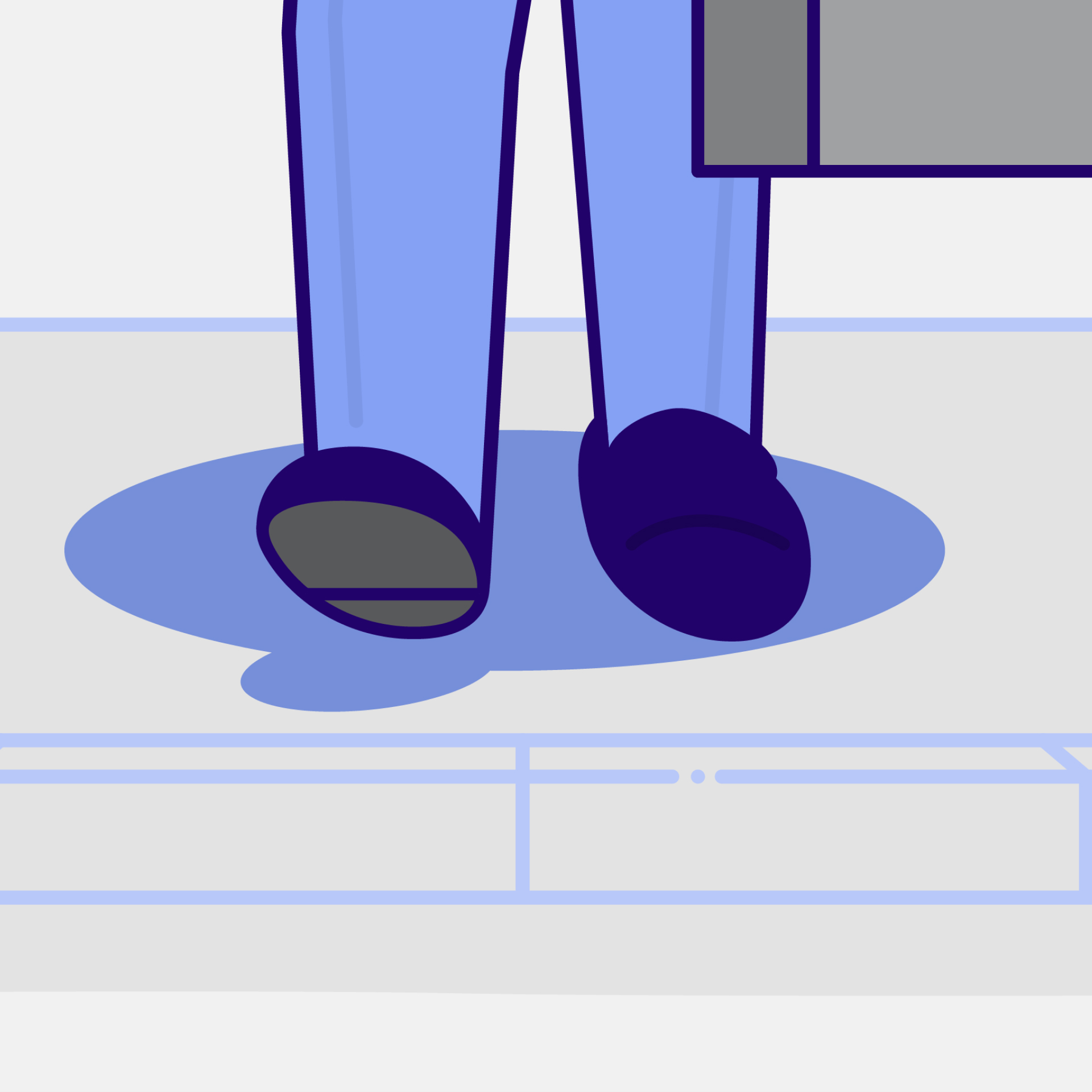 An illustration of a businessman's feet as he's about to cross the road