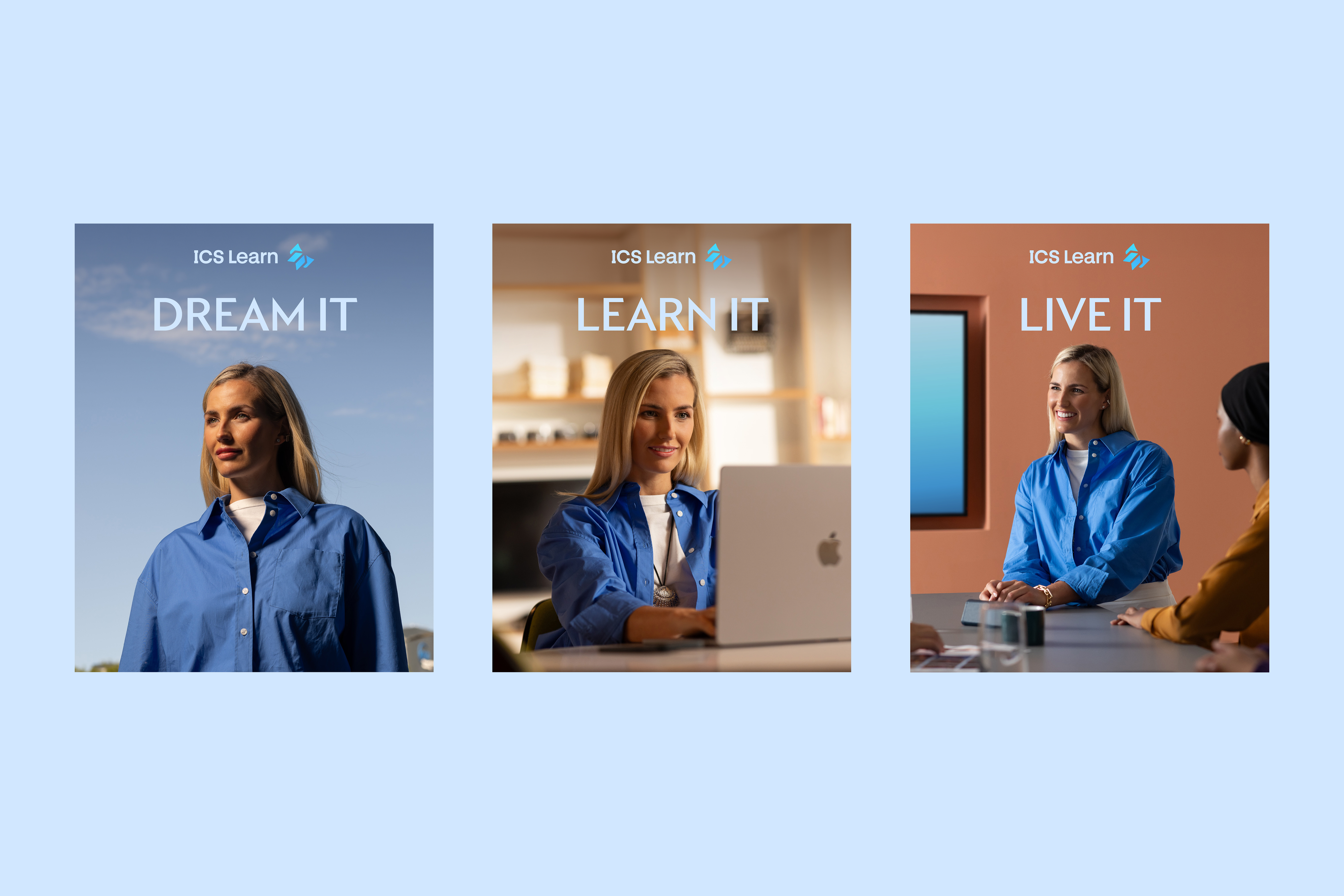 3 hero social asset examples, showing the 'Dream it, Learn it, Live it' image styles