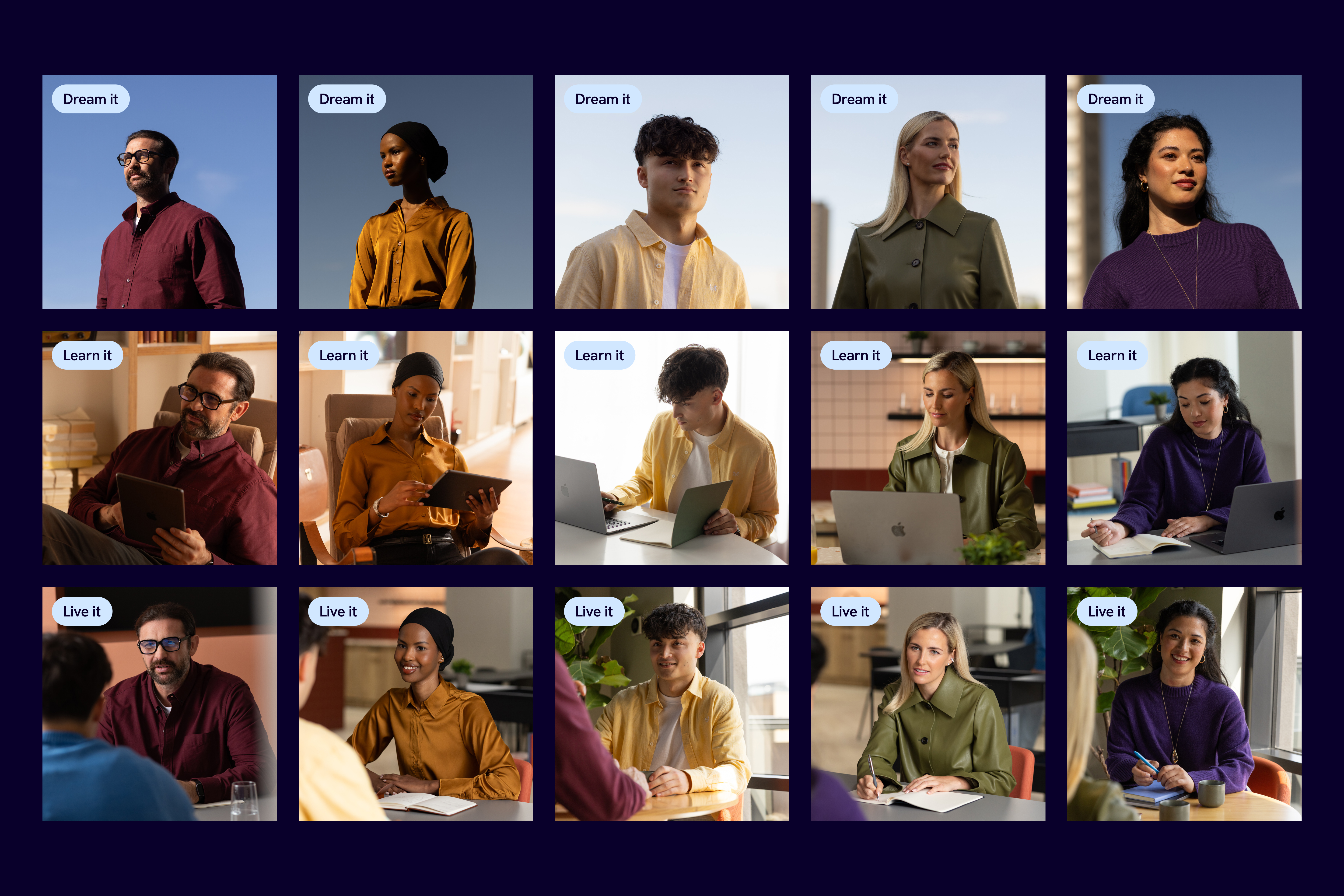 A montage of the models from the photoshoot in 'Dream it, Learn it, Live it' scenes
