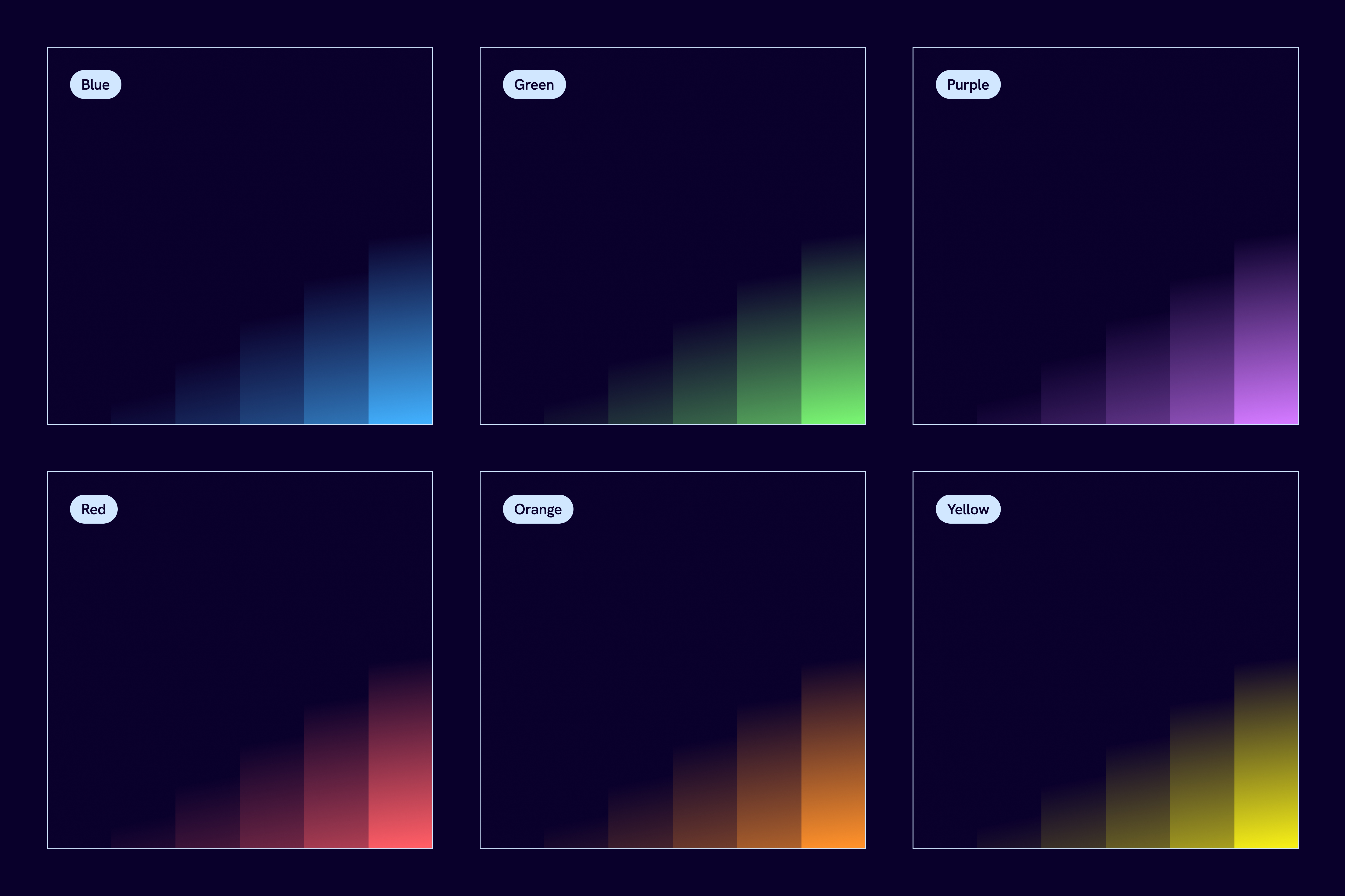The secondary brand gradients, which use the brightest secondary colours against a navy background