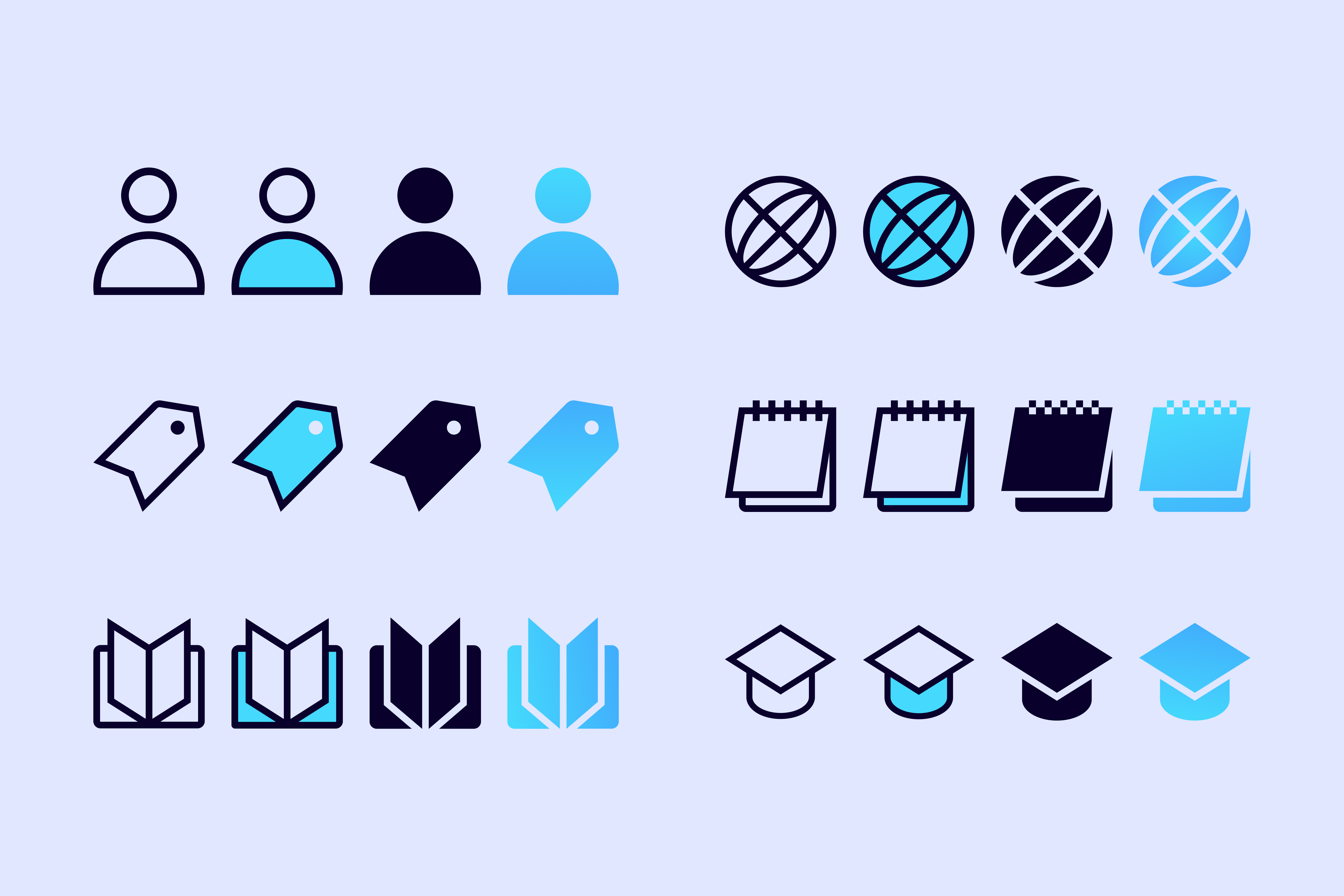 A selection of ICS Learn icons, shown in different styles including fill colours, outlined colours and gradient versions