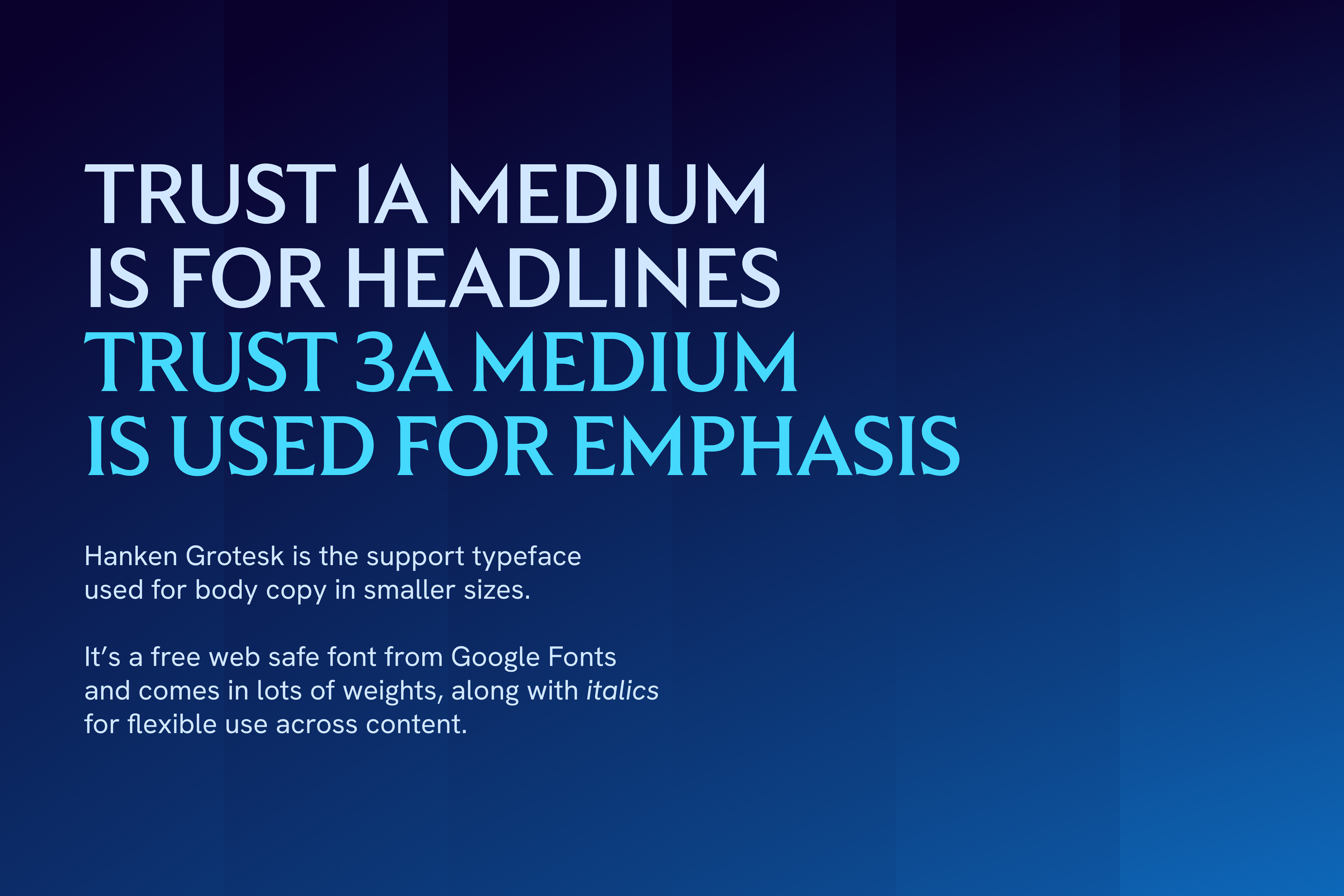 An overview of the structure of the ICS Learn brand typefaces, with Trust 1A and 3A used in headlines, and Hanken Grotesk for body copy