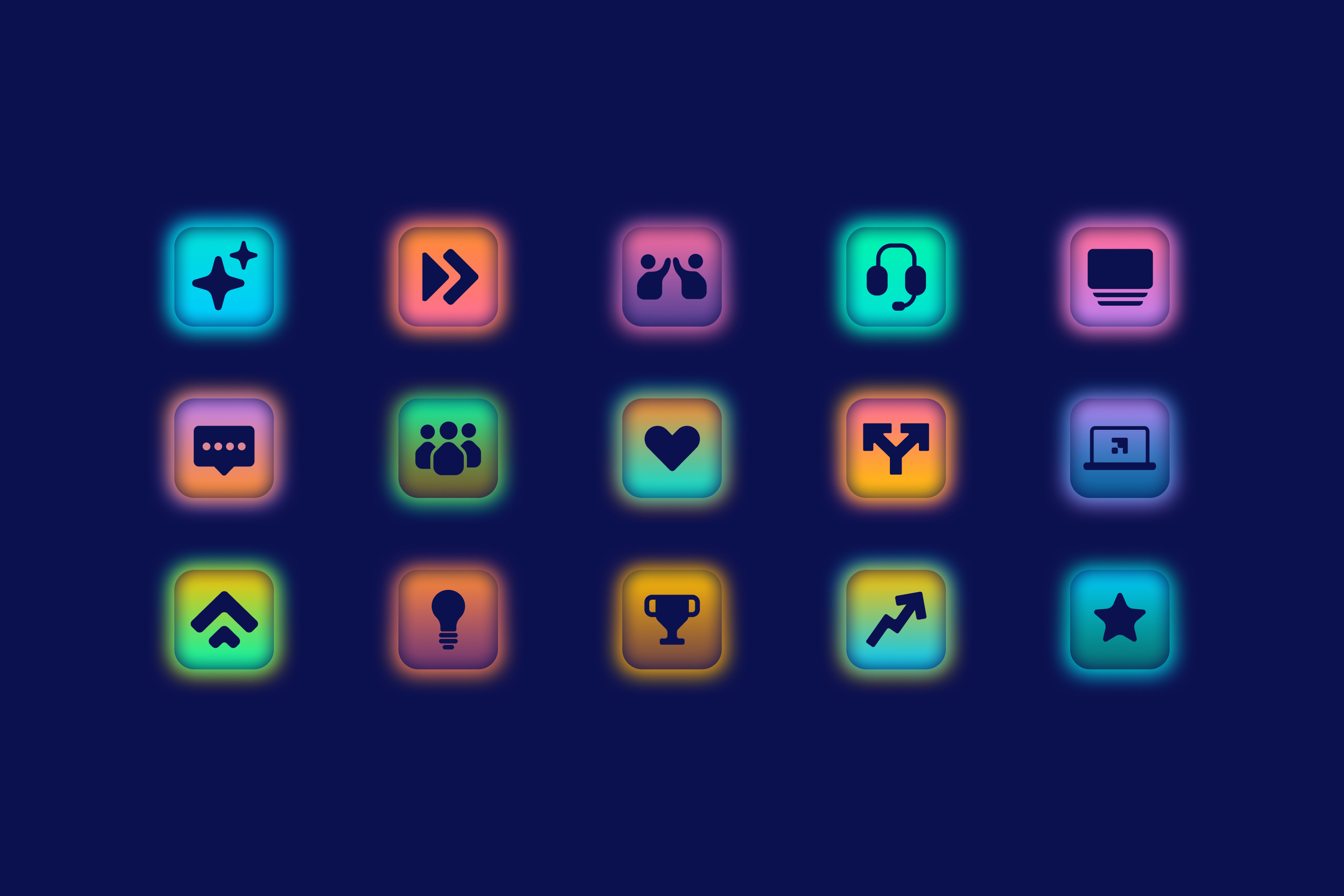 15 Level Up brand badges, each with their own pulsing gradient, on a dark blue background