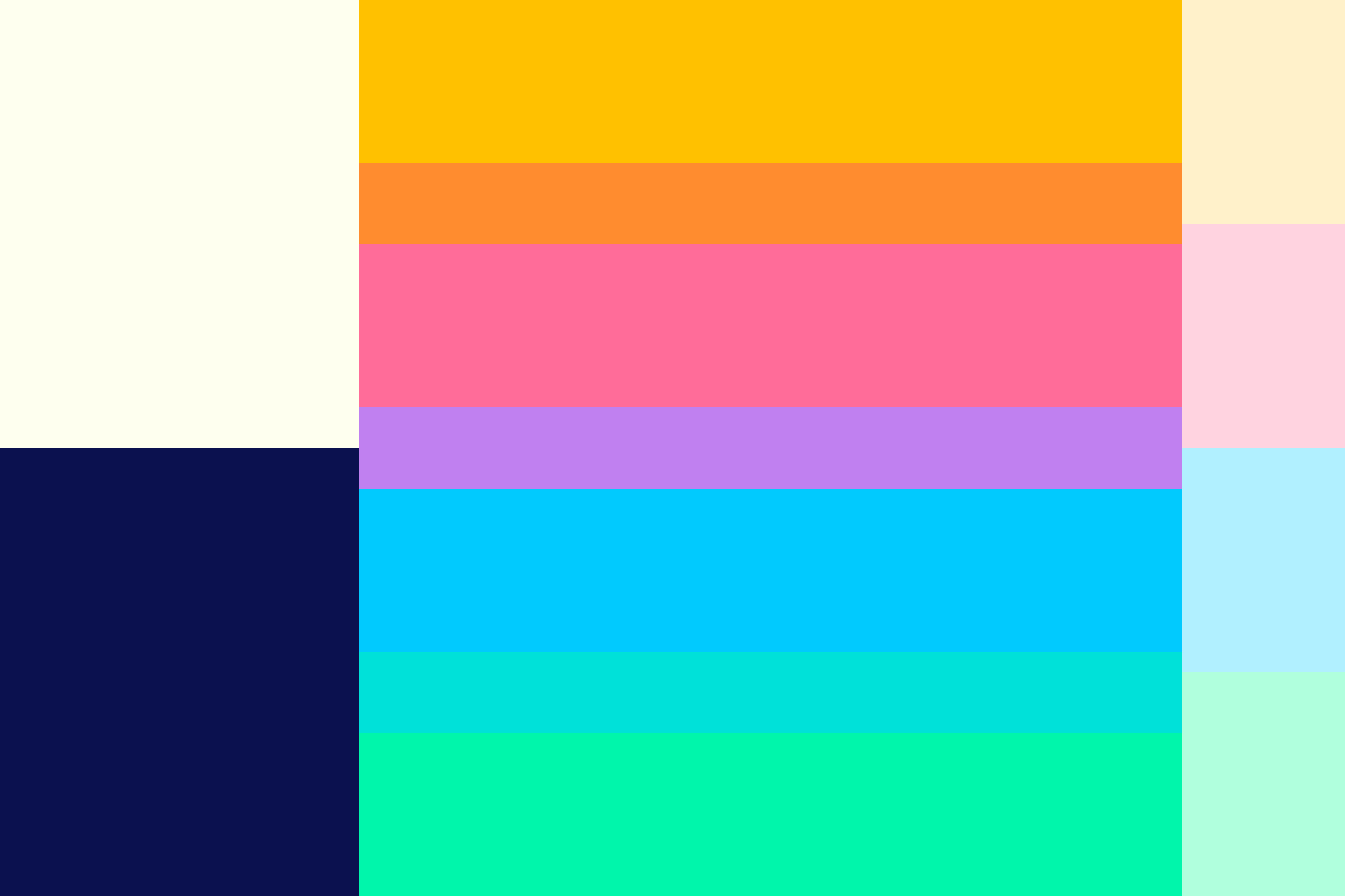 An image showcasing the full colour palette of Level Up, consisting of vibrant yellow, orange, pink, orange, blue and green
