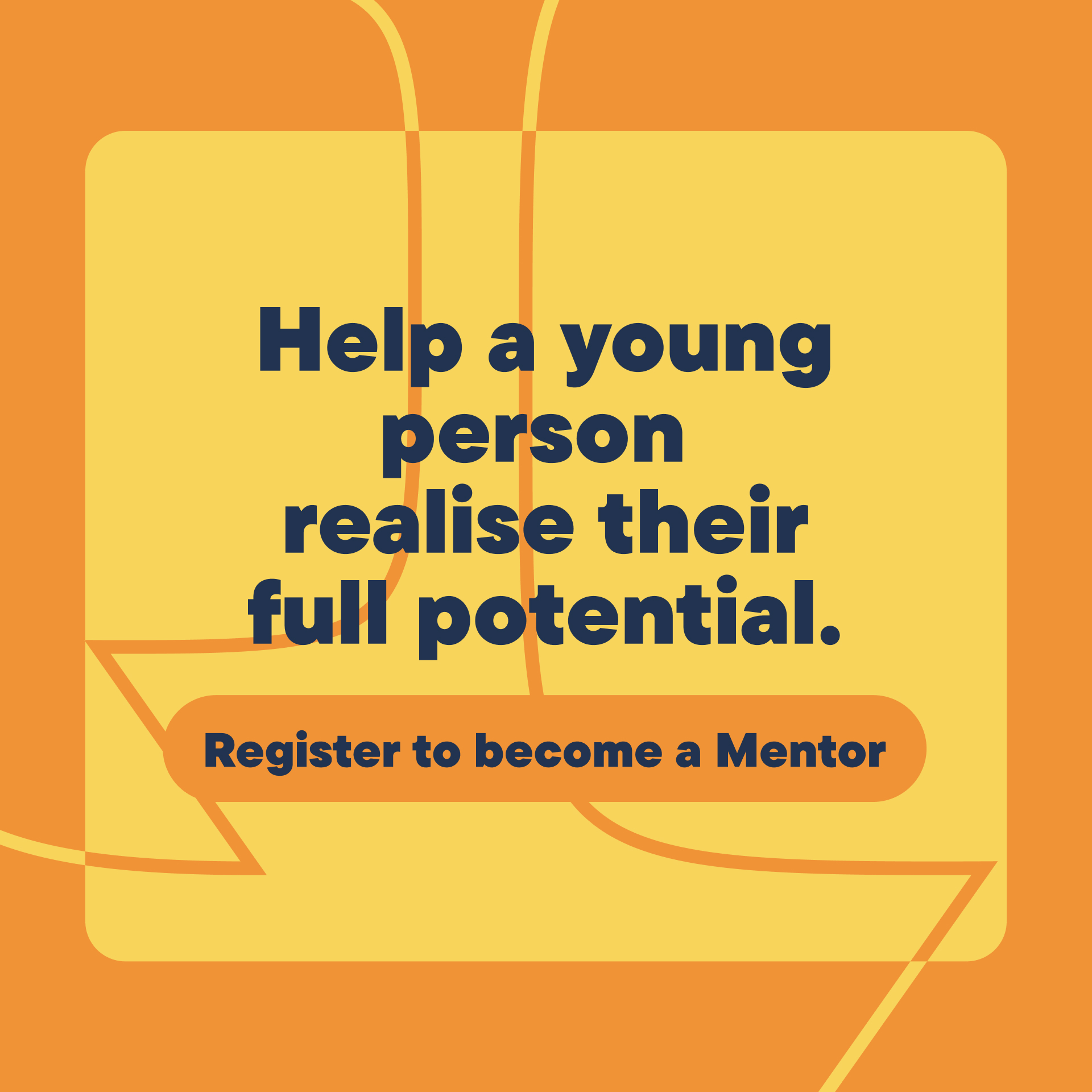 A yellow CTA block on an orange background, with a button to sign up to become a mentor