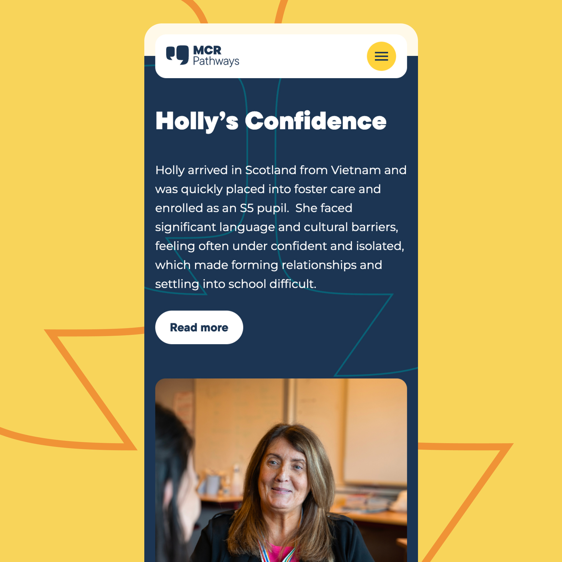 A section of a case study on a mobile device, titled 'Holly's Confidence' with information about Holly's initial struggles settling in Scotland