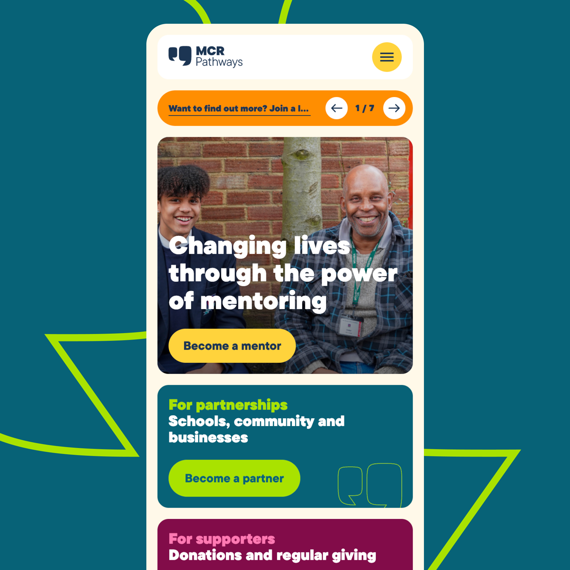 The top section of the MCR Pathways website, shown on a mobile, on a green and teal background
