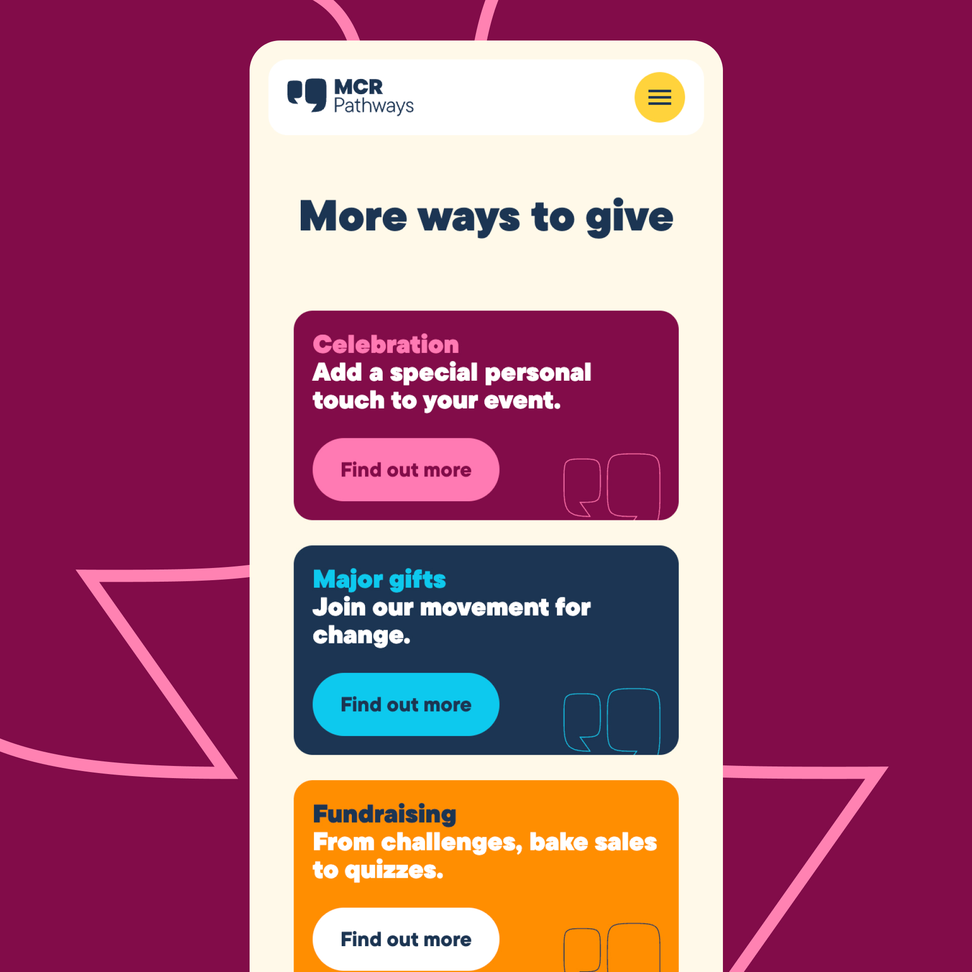 A section of the MCR Pathways site showing various CTAs under the title 'More ways to give'