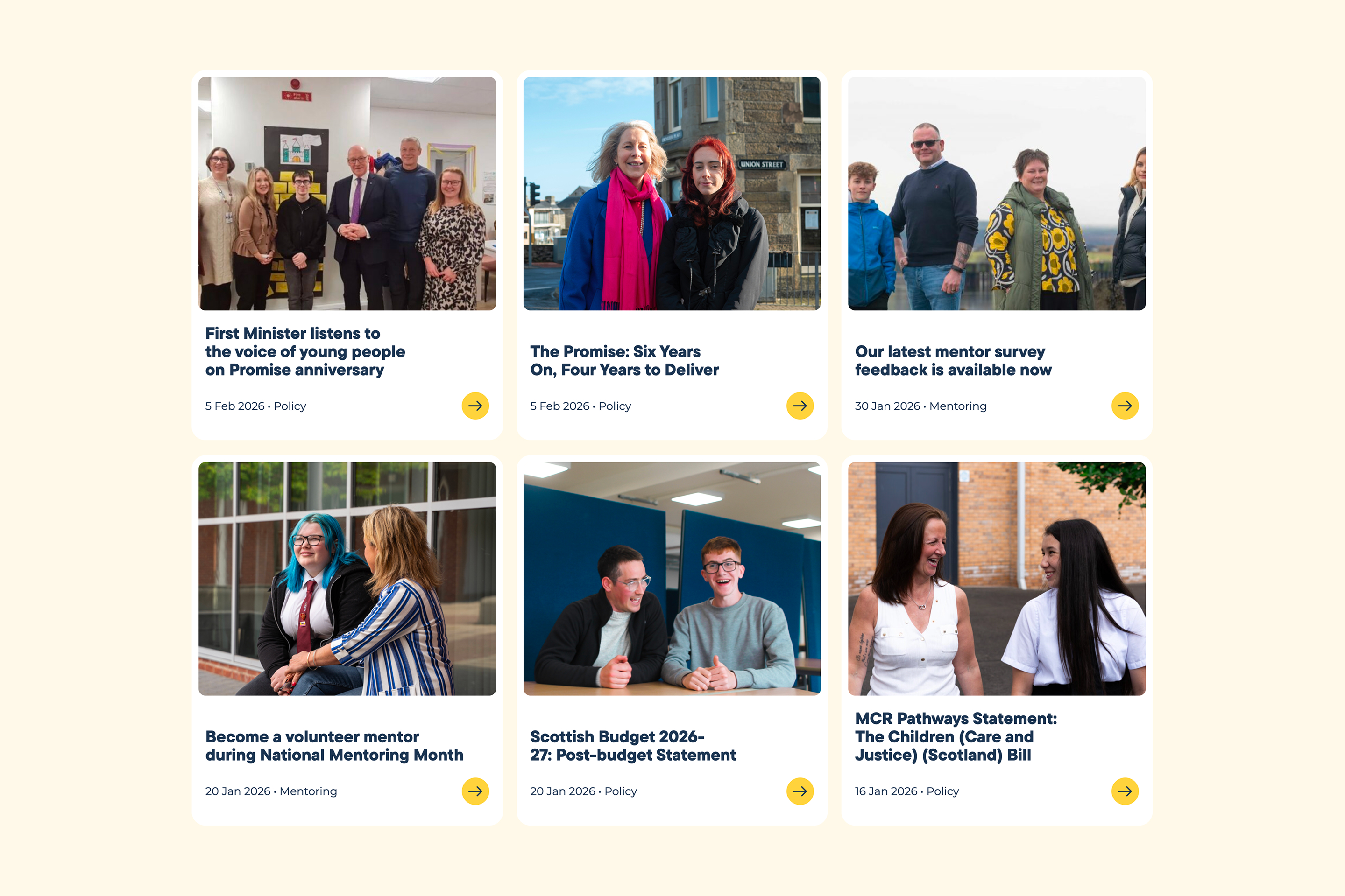 Six news article cards from the MCR website News page, on a cream background