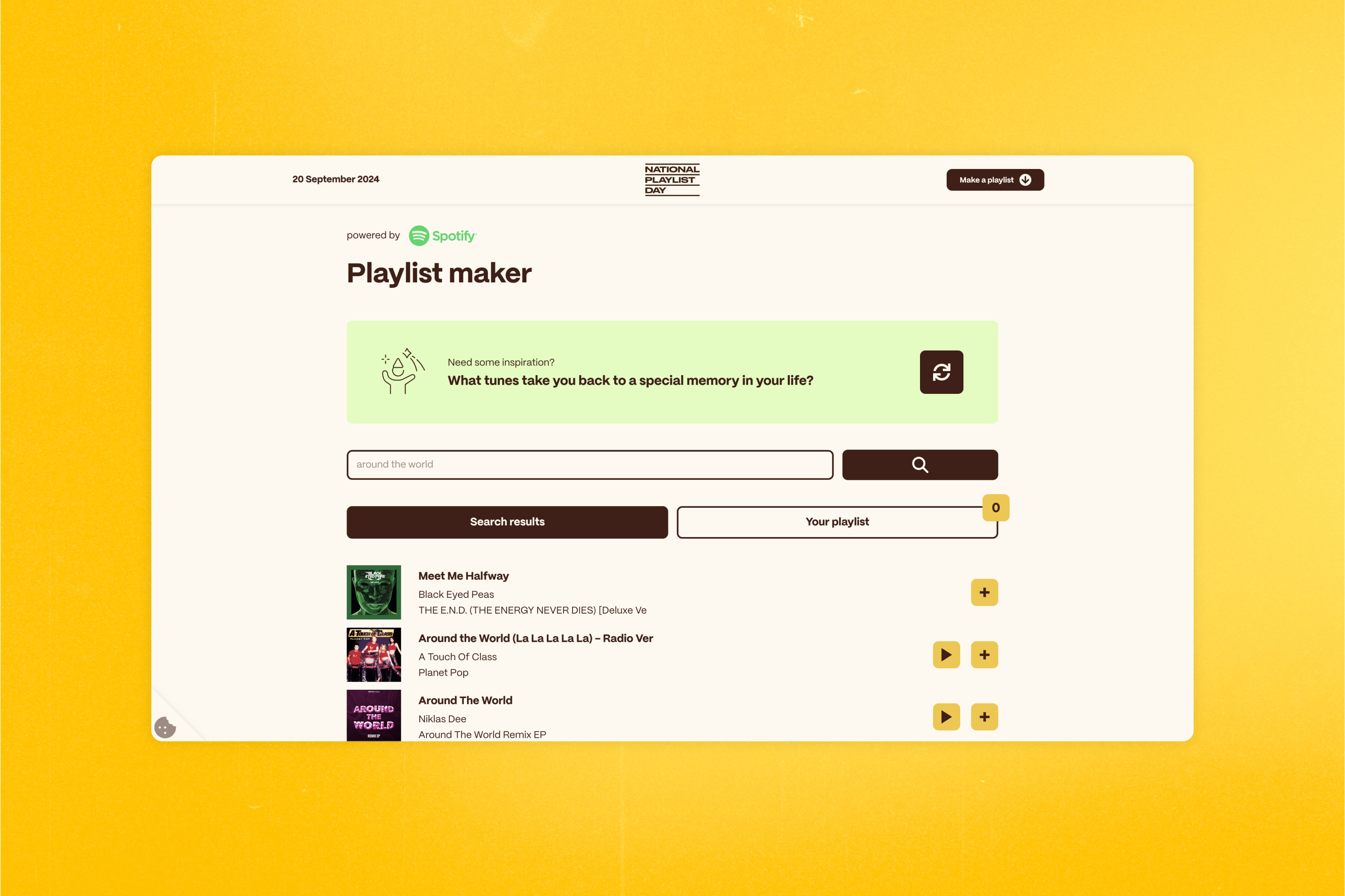 The National Playlist Day website playlist maker shown on desktop