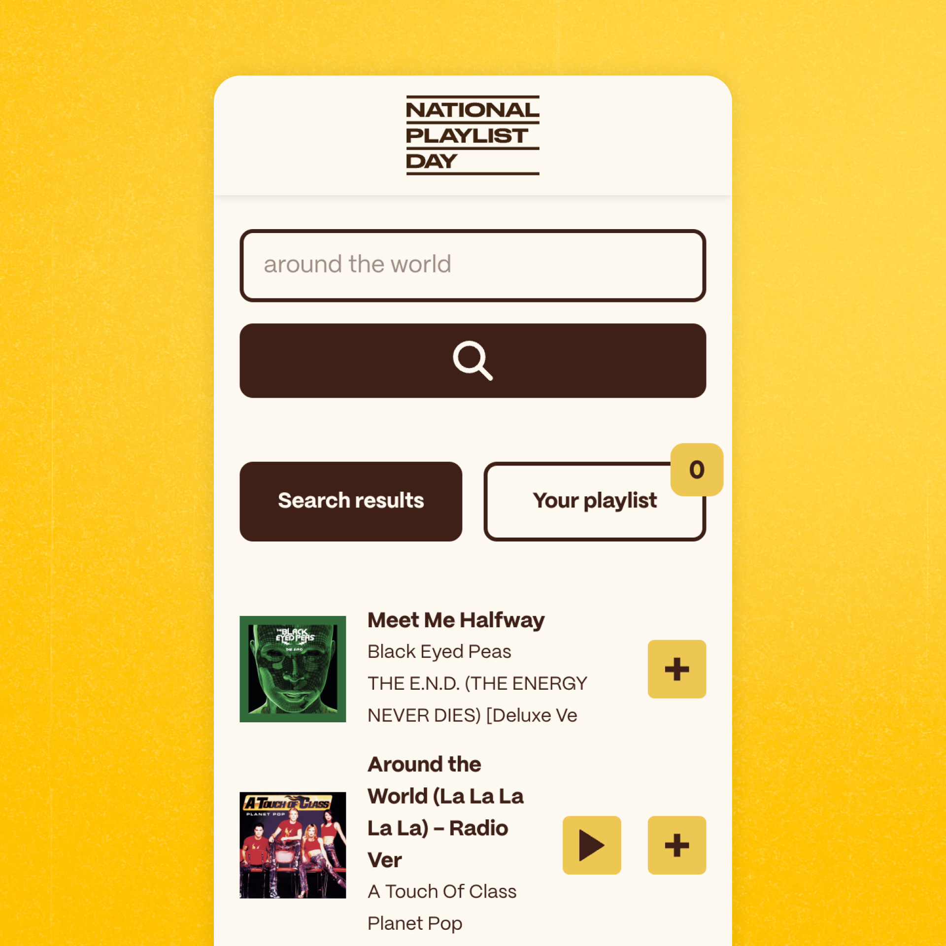 The National Playlist Day website playlist maker shown on mobile