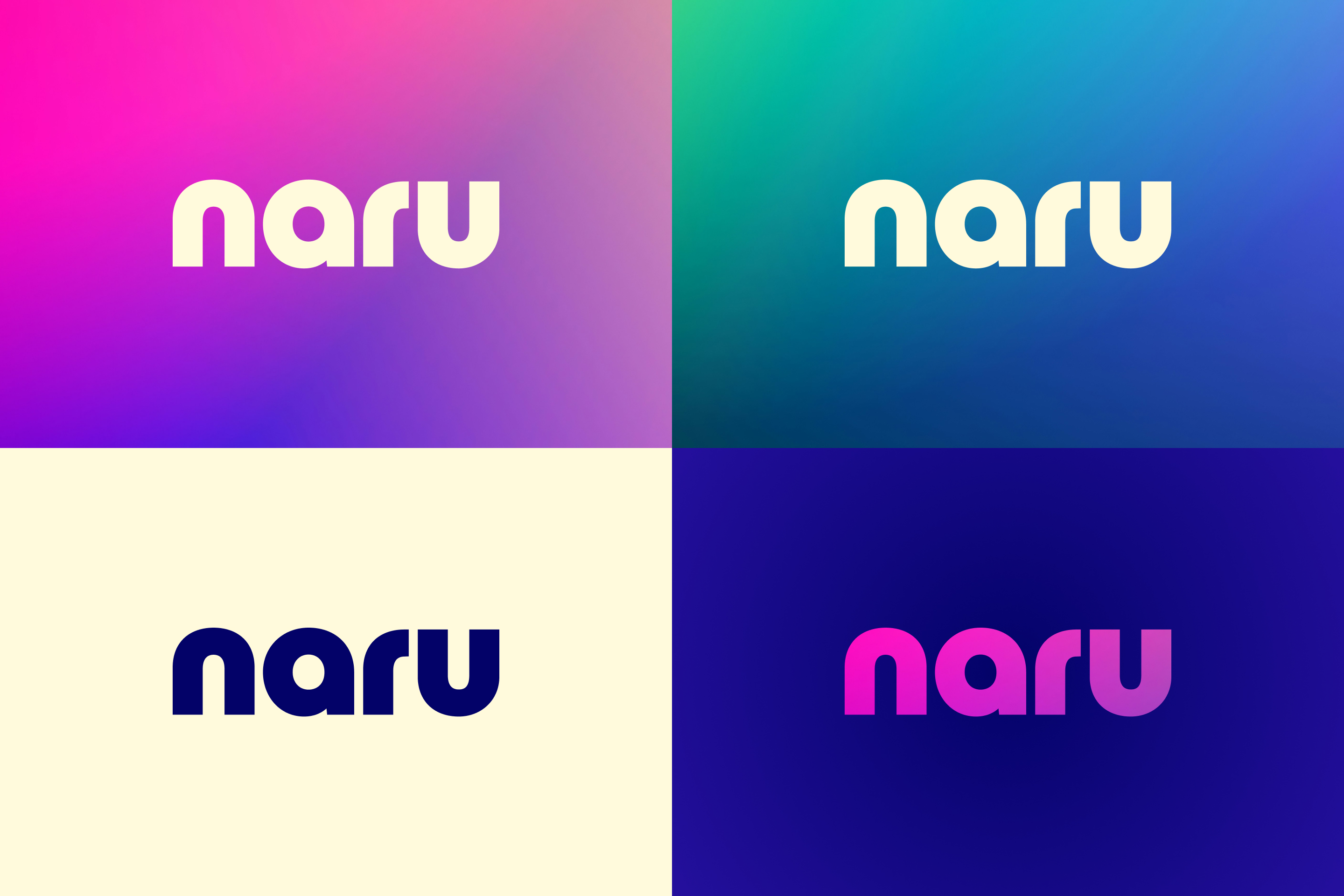 Four variations of the Naru logo on different coloured backgrounds