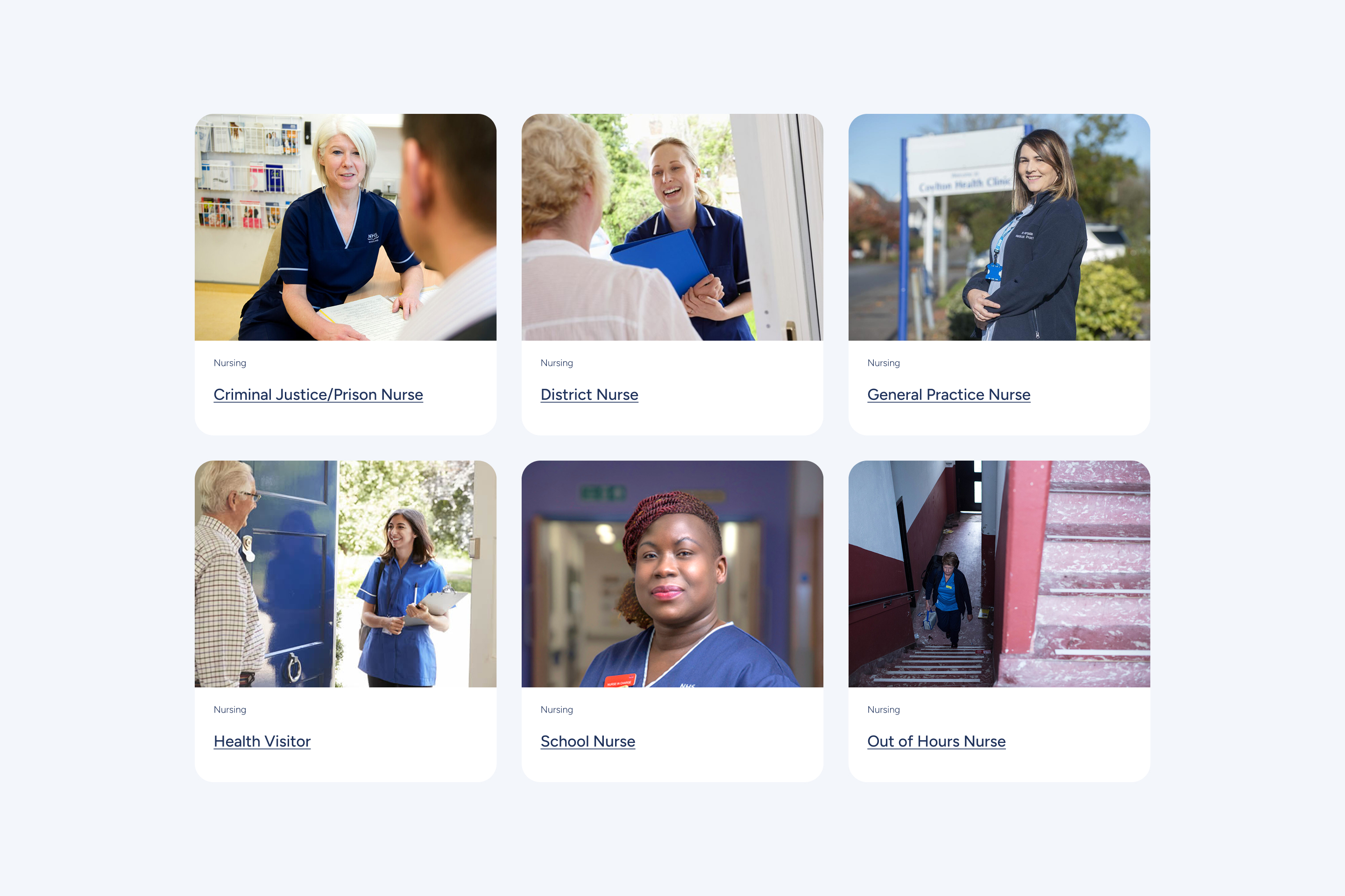 A UI element showcasing six nursing career paths