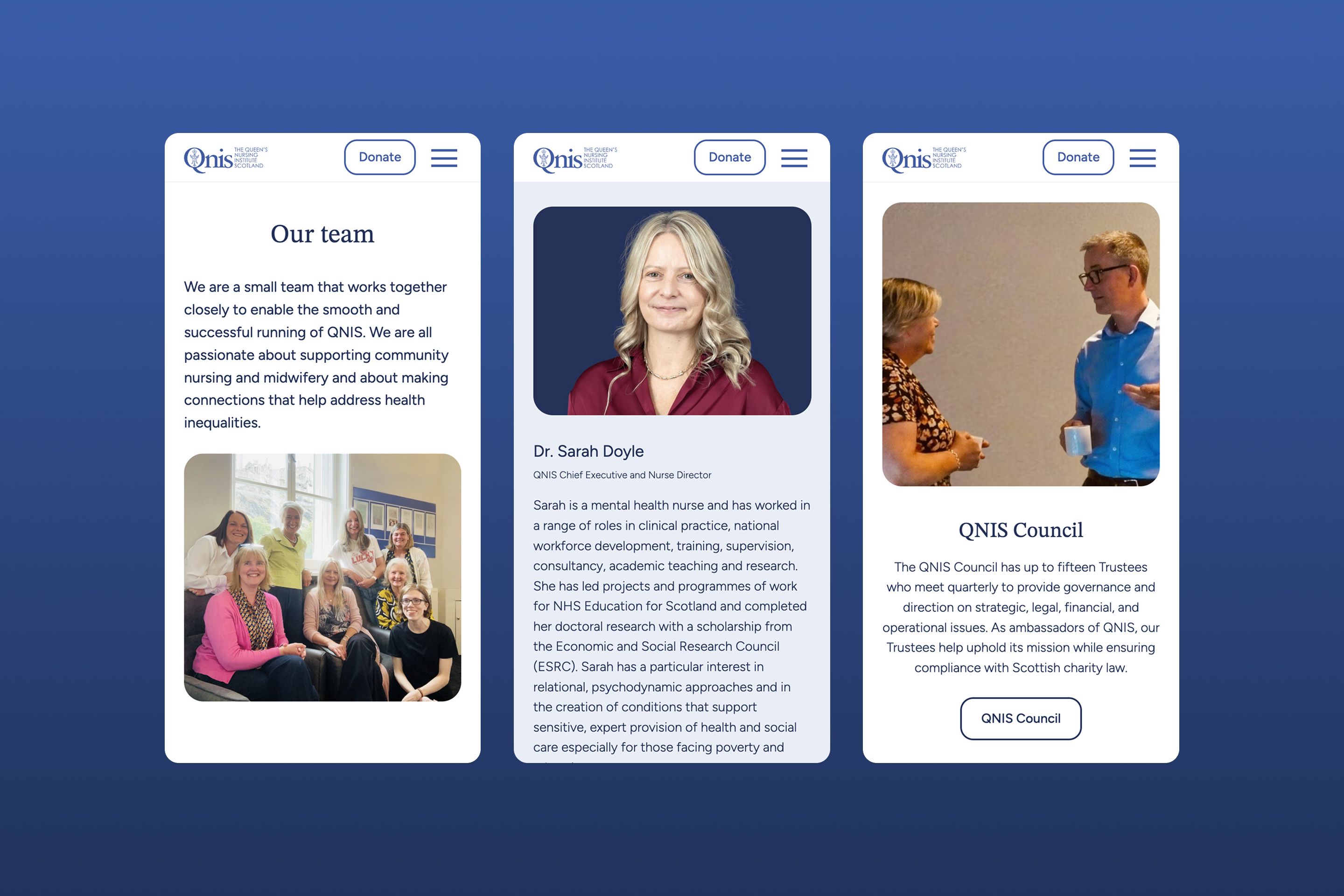 Three images of the QNIS team page on mobile