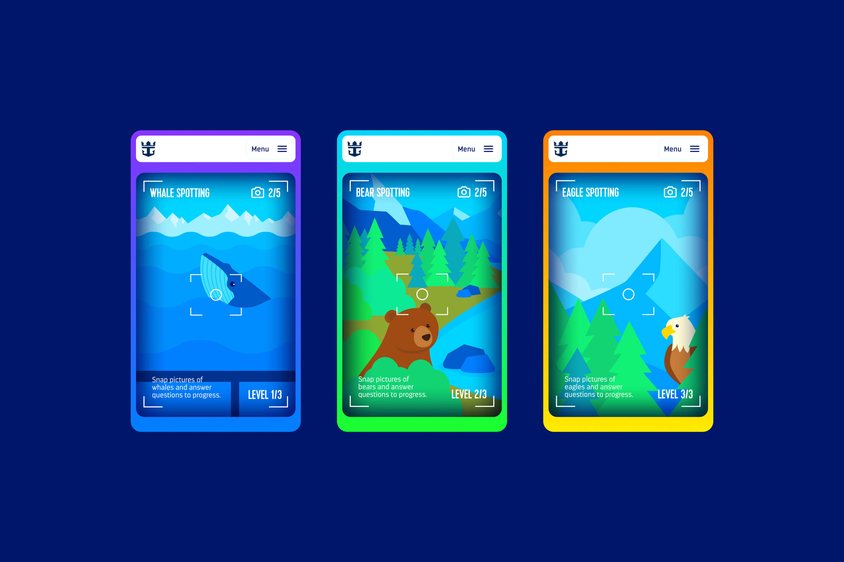 Three mobile screens showing the three different levels of the game.