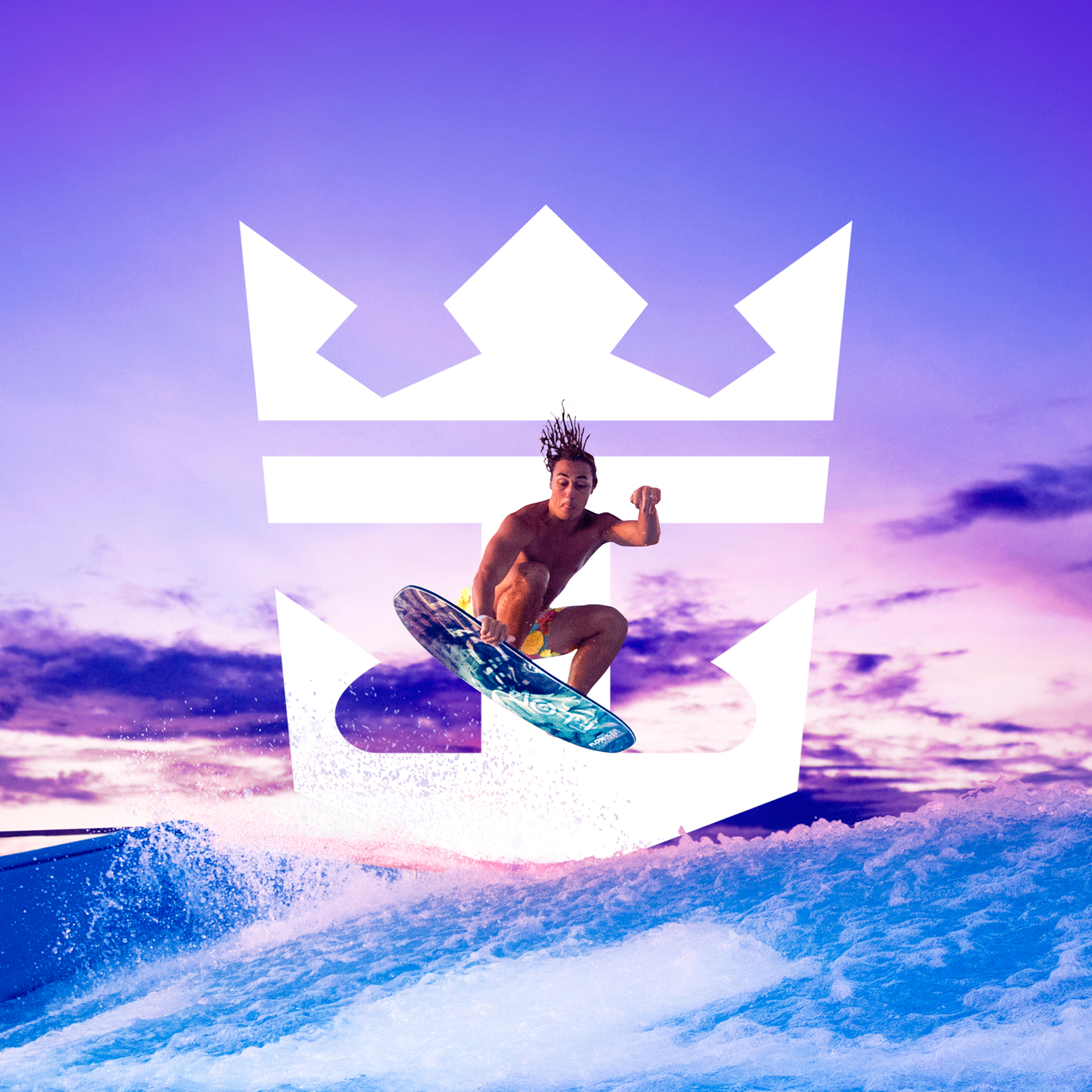 The Royal Caribbean Cruises logo behind a man jumping on a surfboard